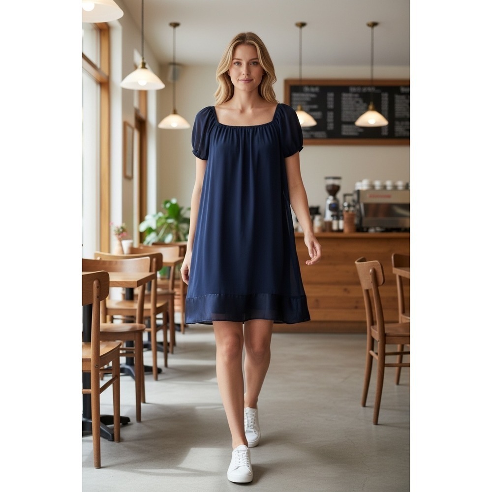 Daisy Fuentes Moda Navy Blue Puff Sleeve Babydoll Dress Satin Hem Womens Medium